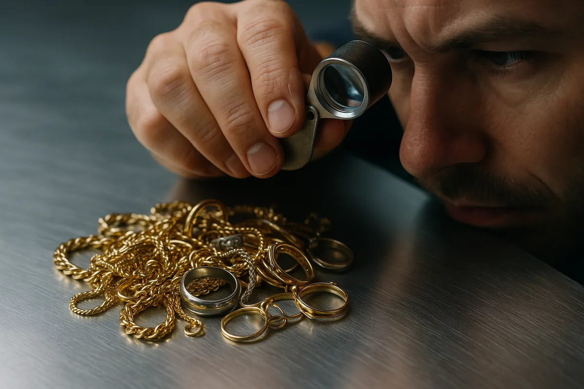 A jeweler inspects gold and silver jewelry with a loupe, focusing on details before selling.